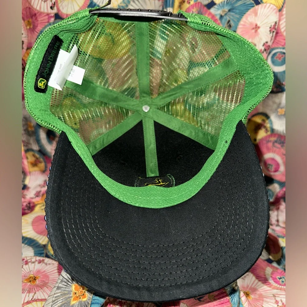 John Deere Black and Green Mesh SnapBack Trucker Hat Cap with Rhinestone Trim